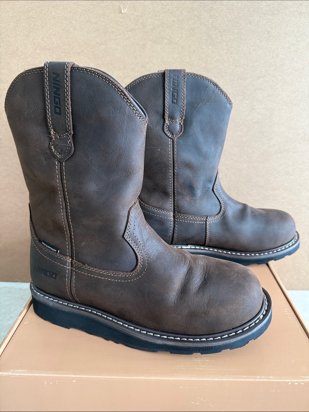 NINGO Brown Full-Grain Leather Waterproof Non-Slip Wellington Work Boots 11 NEW!